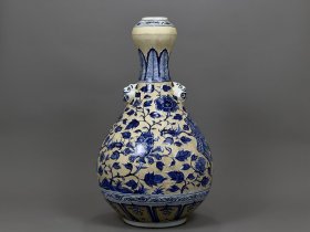 元青花凤戏牡丹纹蒜头瓶 古玩古董古瓷器老货收藏