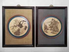 西泠名家工艺美术大师制砂大师傅一平（半匋）紫砂花鸟山水画挂饰一对