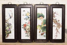 红木包铜皮框镶粉彩花鸟瓷板画挂屏一组《和和美美》