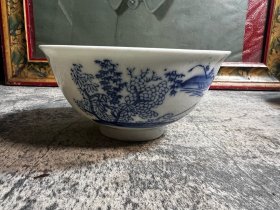 民国，江西出品，手绘青花山水小碗，磕