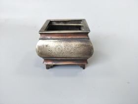 收藏级 清代精品香炉 梅兰菊竹白铜刻花四方琴炉 古玩老铜器老货