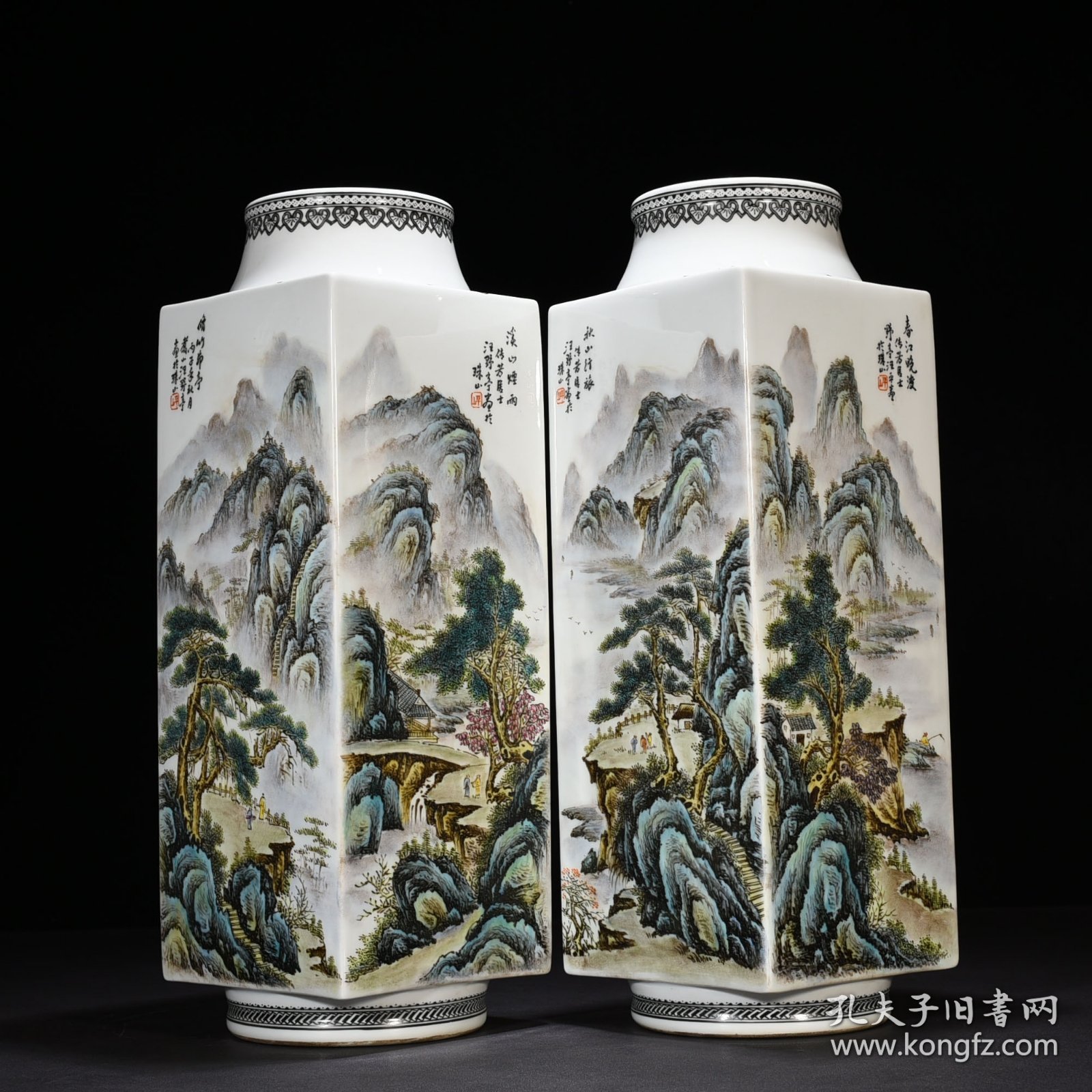 旧藏 民国珠山八友汪野亭粉彩山水人物纹琮式瓶 47*16厘米