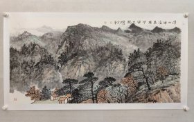 保真书画，湖北国画院画家，刘革法《得山水清气，极宇宙大观》四尺整纸山水画69×137cm，纸本托片， 刘革法，湖北天门人，现居北京。中国美术家协会会员、国家一级美术师。湖北省国画院专业画家，湖北汉风书画院副院长。