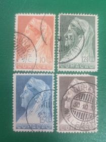 库拉索邮票 1937年威廉明娜女王 4枚销 15c背薄 27.5c右上角缺