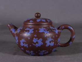 旧藏老紫砂花奔纹茶壶