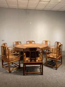清代海南黄花梨雕填圆桌一套古董传世二手海黄木器老家具