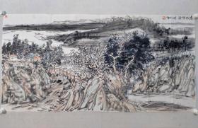 保真書畫，鄭州市美協(xié)主席，羅治安山水畫作一幅《溪水閑釣》69×138cm軟片（附帶羅治安中國當(dāng)代著名畫家性靈寫意山水一本及報(bào)紙一份）