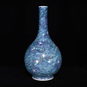 清雍正斗彩海水龙纹长颈瓶，40×21，