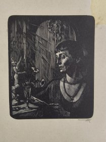 苏联版画 黑白木刻 安娜·阿赫玛托娃肖像（20世纪俄罗斯著名女诗人，被誉为“俄罗斯诗歌的月亮”）