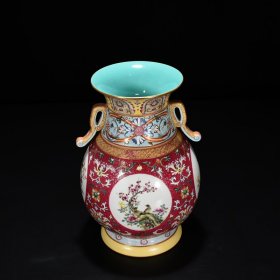 旧藏 清乾隆珐琅彩胭脂红轧道纹开窗四季花鸟纹转颈瓶 26.5*18厘米