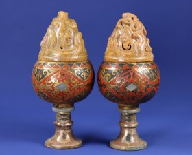 旧藏，战汉时期铜鎏金彩绘镶嵌和田玉蟠虺纹熏炉一对，高16厘米，肚直径6.5厘米，重978克