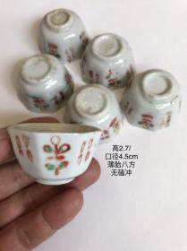 2.7/4.5cm清代德化薄胎五彩八方杯手绘硬彩老瓷酒杯茶杯彩瓷小瓷杯茶具酒具6只一套的价