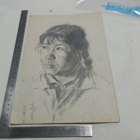 1976年16开素描梳辫子的女青年
