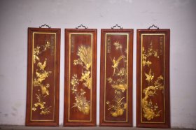 香樟木雕描金四季花鸟老挂屏一套。 尺寸：高95 单宽31厘米