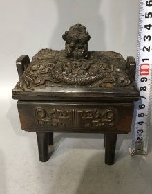 紫铜双耳龙鼎香炉香炉长11.5厘米高14厘米重1523克