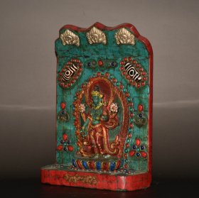 尼泊尔木镶嵌白铜红松绿松天珠宝石唐卡站观音佛板摆件 尺寸:长15厘米 宽6厘米 高22.5厘米 重704克左右