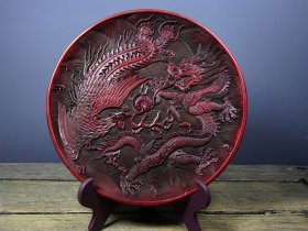 旧藏漆器剔红雕刻盘子茶盘 尺寸：长28.5cm宽28.5cm高2cm 重量：810g