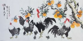 百吉图，百事大吉，公鸡，母鸡，小鸡，写意画法，真人真迹，纯手绘，假一赔万，山东省潍坊市美协王洪波老师原创画作，老师柿子和大公鸡的刻画是一绝，线条的美感恰到好处，实际画的比照片拍出来要漂亮的多。1.38米×70公分的，四尺整张的，家里，卧室，客厅，进门口都可悬挂。