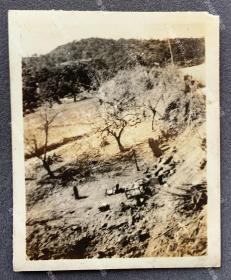抗战时期 华南战场战争遗迹处的中国军人的尸骨及其山炮等武器残骸 原版老照片一枚