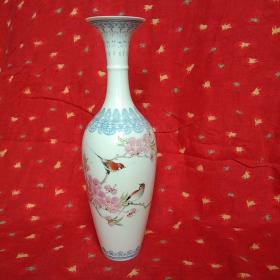 中国名瓷◆桃花双禽图薄瓷赏瓶