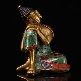 珍藏纯手工纯铜打造雕刻镶嵌宝石自在佛睡释迦摩尼佛 重400克 高9.5厘米 宽7.5厘米