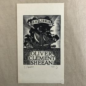 Oliver Clement Sheean 《天使与船》，1931年J.J.Lankes木刻原版书票，有制作者亲笔签名(限量20枚，此枚制作者自留编号3），日本羊皮纸印刷