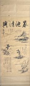 日本江户时期老画，多位书画家合作作品，诗画合幅，纸本纸裱，装裱、画心有虫蛀，中式轴头，画心127.5*61.8