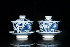 明代宣德青花凤纹茶盏一对 古玩古董古瓷器老货收藏
