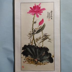 吴亚炳画 荷花 荷荷美美 画心尺寸约高66× 宽32 cm