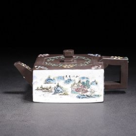 宜兴老式四方彩绘陈鸣远怀旧仿古纯手工制作泡茶库存家用收藏茶具约200毫升