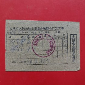 1963年11月20日，大同市人民公社永定庄分社综合厂发货票（生日票据，大同专题3，五金机电2类，81-8）