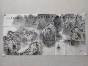 保真书画，著名山水画家陈鹏同四尺整纸国画一幅，68×136cm软片