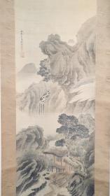 F 074号 带原木盒的绢本（与谢芜村）手绘山水人物
