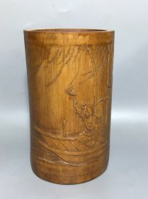 旧藏 渔翁得利笔筒 三和刻竹雕笔筒 高17cm，口径10cm 竹雕经典文房用具，手工制作，细节见图