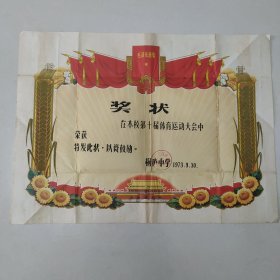 奖状 1973年桐庐中学第十届运动会(毛主席选集)