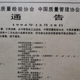 【酒文化资料】中国食品工业协会 中国质量检验协会 中国质量管理协会 中国食协白酒专业协会通告。对国家名，优白酒质量检评后名单公示。主要是对第五届全国评酒会后5年来产品的检验，十七大和五十三优都在其列。经专家业务组和国家级评委全面检评，一致认为以下原国家名、优白酒保持了原国优产品质量水来，一些企业产品质量水平并有较大提高。茅台酒厂、五粮液酒厂、湖南常德武陵酒厂、德山酒厂、浏阳市酒厂、长沙酒厂等