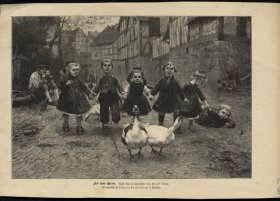 1889年德国木刻版画鹅 孩子们 乡村