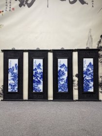 王步作品红木卷轴雕金钱花镶瓷板画青花山水梅兰竹菊四条挂屏