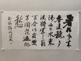 陈学政将军书法70x137cm，陈学政少将，1942年生，江苏扬州市人，北京军区政治部副主任，少将军衔。（保真书画） ​暑往寒来春复秋，夕阳西去水东流。将军战马今何在，野草闲花满地愁。