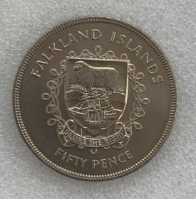 福克兰群岛1977年女王登基25周年50便士克朗型纪念币 未流通 女王面有划痕