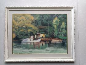 上海收来的装框油画作品一幅《船·河边·树林/美丽的风景》！