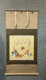 七福神缘起之图 日本回流佛画挂轴 手绘设色 绢本裬裱 轴全 纵约128Cm横62.5Cm. [佛系]万物有源起，七福神之图，事事俱全，你想要的，均含其中。 编号(F204)