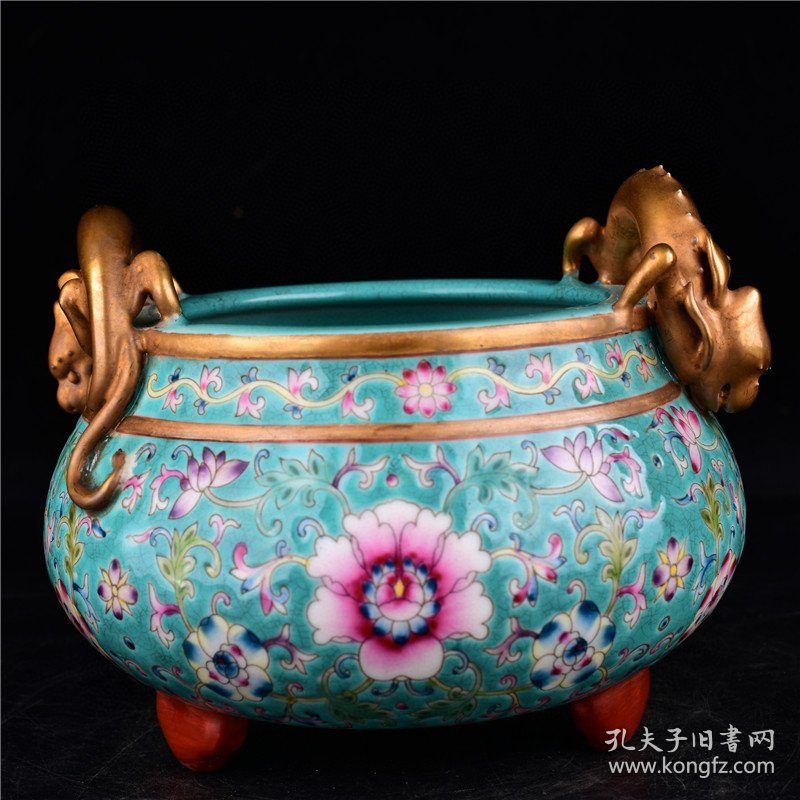 清雍正本金珐琅彩缠枝花卉纹三足双龙耳香炉古董古玩古瓷器规格