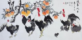 公鸡，母鸡，小鸡，百事大吉，写意画法，真人真迹，纯手绘，假一赔万，山东省潍坊市美协王洪波老师原创画作，老师柿子和大公鸡的刻画是一绝，线条的美感恰到好处，实际画的比照片拍出来要漂亮的多。1.38米×70公分的，四尺整张的，家里，卧室，客厅，进门口都可悬挂。
