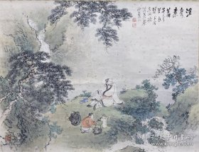 A39. 旧画立轴，云华款，《汲泉煮茗图》，带木盒。