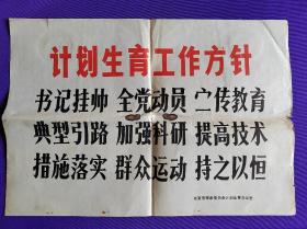 计划生育工作方针    书记挂帅 全党动员  宣传教育  典型引路  加强科研  提高技术  措施落实 群众运动  持之以恒     北京市革命委员会计划生育办公室