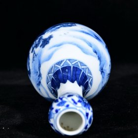 大清雍正年制青花山水纹元明堂款蒜头瓶 高16.3径8厘米2