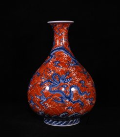 明宣德矾红青花海水五龙纹玉壶春瓶，高27.3×19厘米