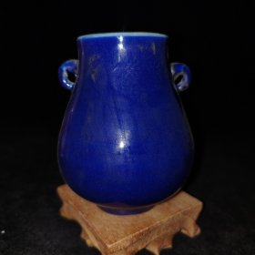 古玩瓷器，旧藏清中期单色釉孔雀蓝双耳瓶