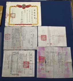 安徽省泗县网周小学1954年毕业证书一张（带毛主席像、红旗）、1953-1955年家长通知书/成绩报告单4张（16开油印），均为同一人、规格标准完善、公章印签丰富，教育历史资料